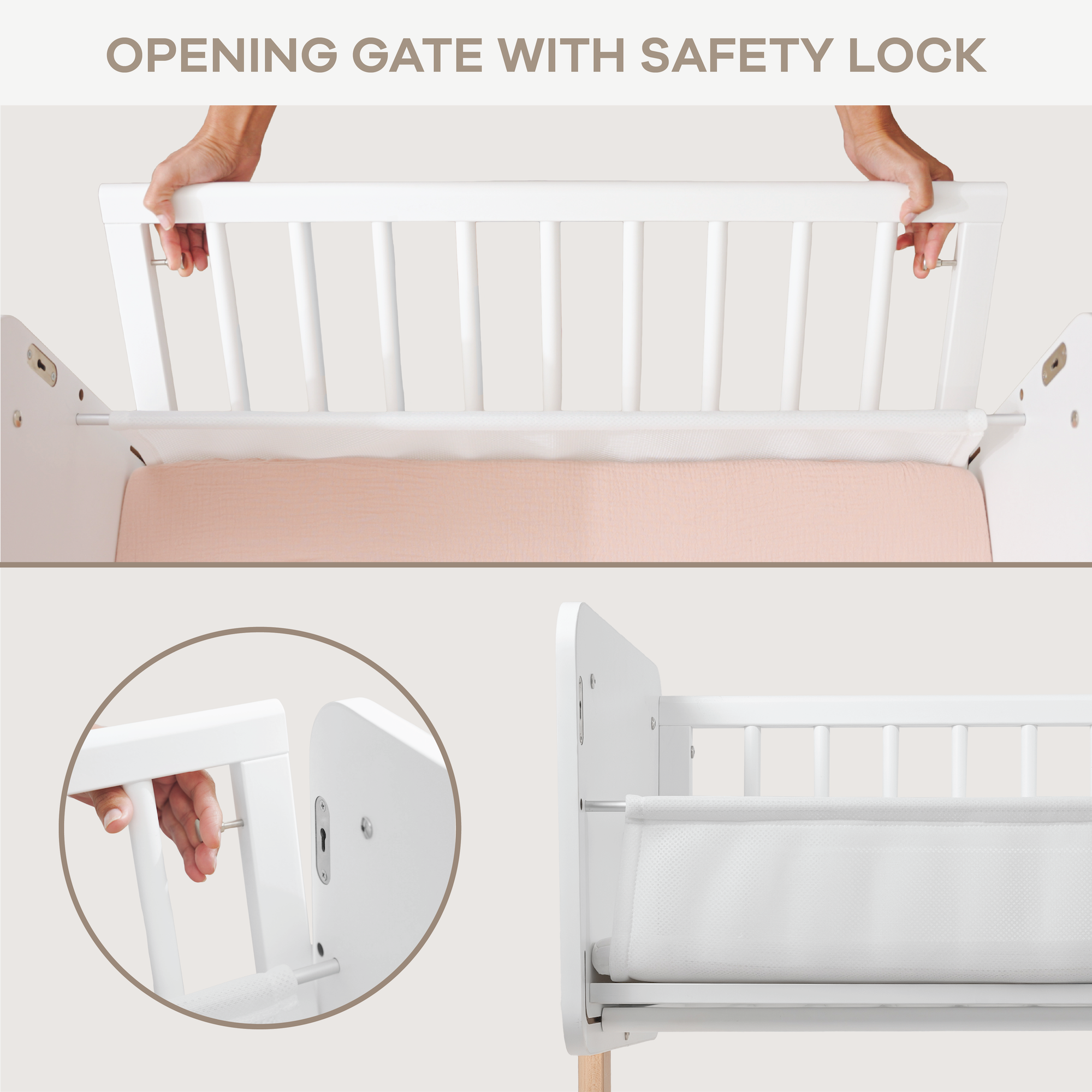 White crib safety gate with a close-up of the safety lock mechanism on a light background.