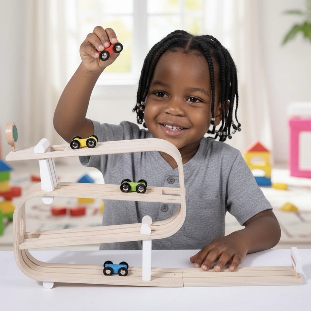 Child playing with a wooden toy track set in a bright room.
