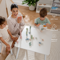 Woman and children playing with toys at a table in a home setting, with product features displayed on the right.