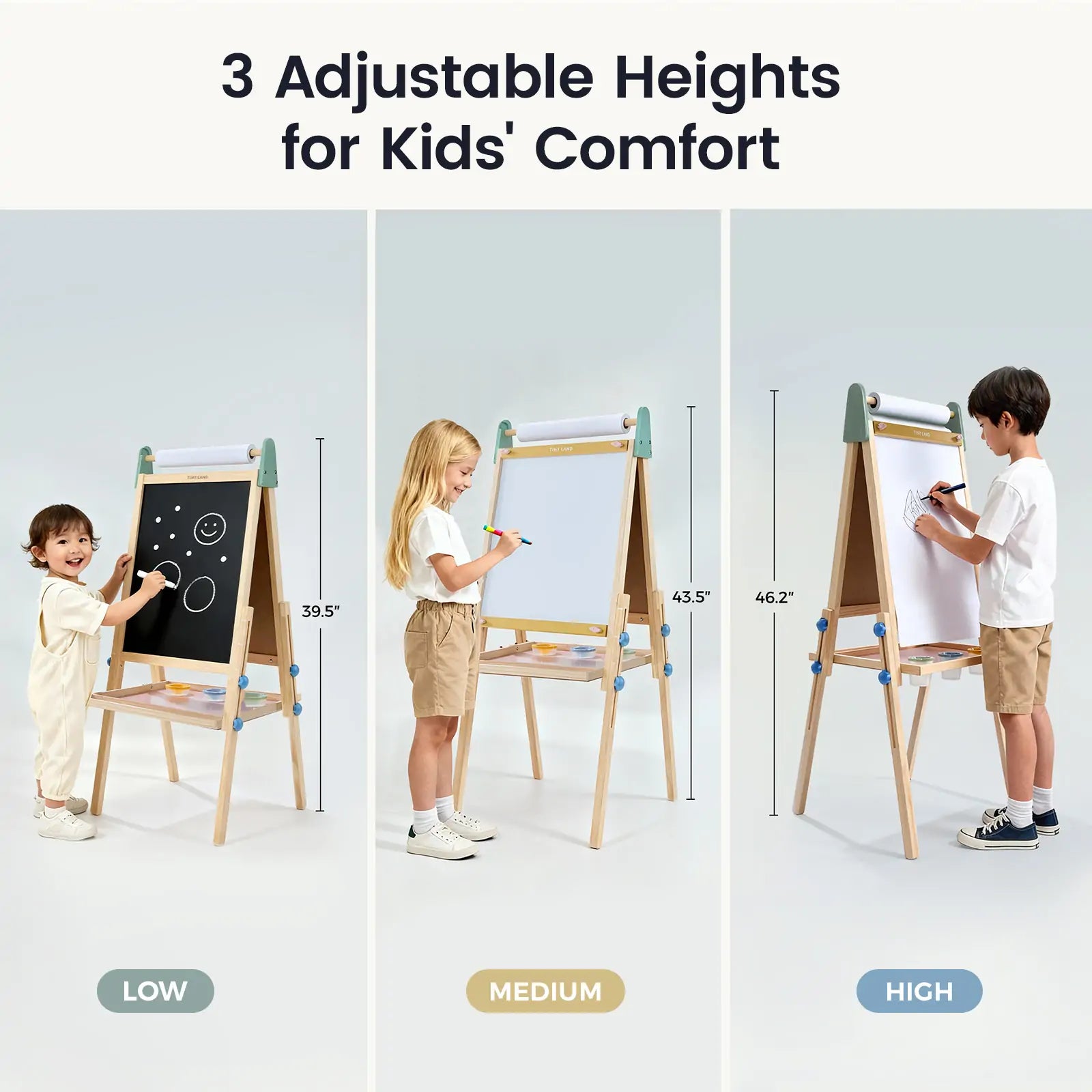 Dry-erase whiteboard side of Tiny Land adjustable height wooden art easel for toddlers