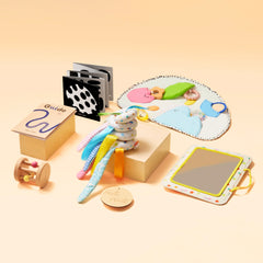 Full Montessori newborn sensory set on white background showing all included developmental toys