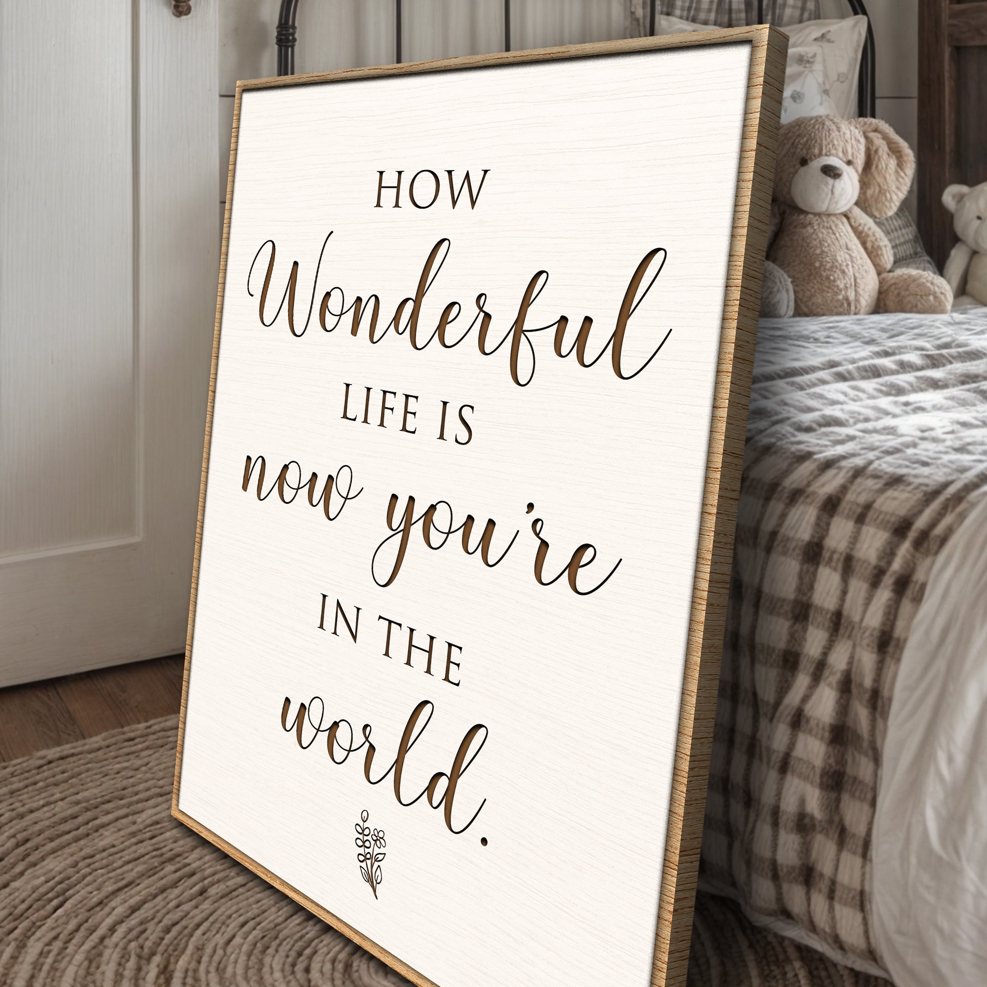 Framed print with motivational quote in a bedroom setting