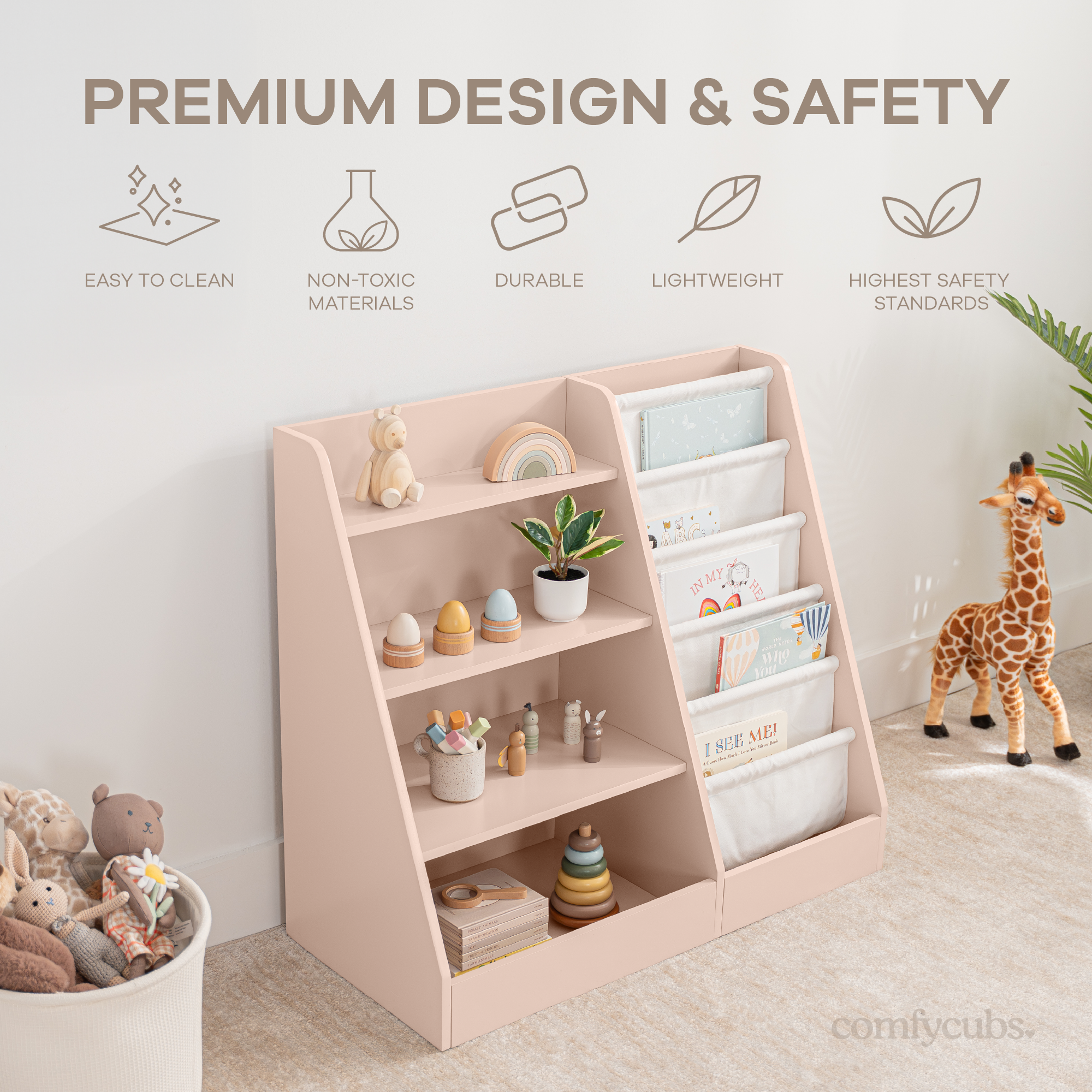 Blush Montessori bookshelf with books displayed front-facing for easy child access