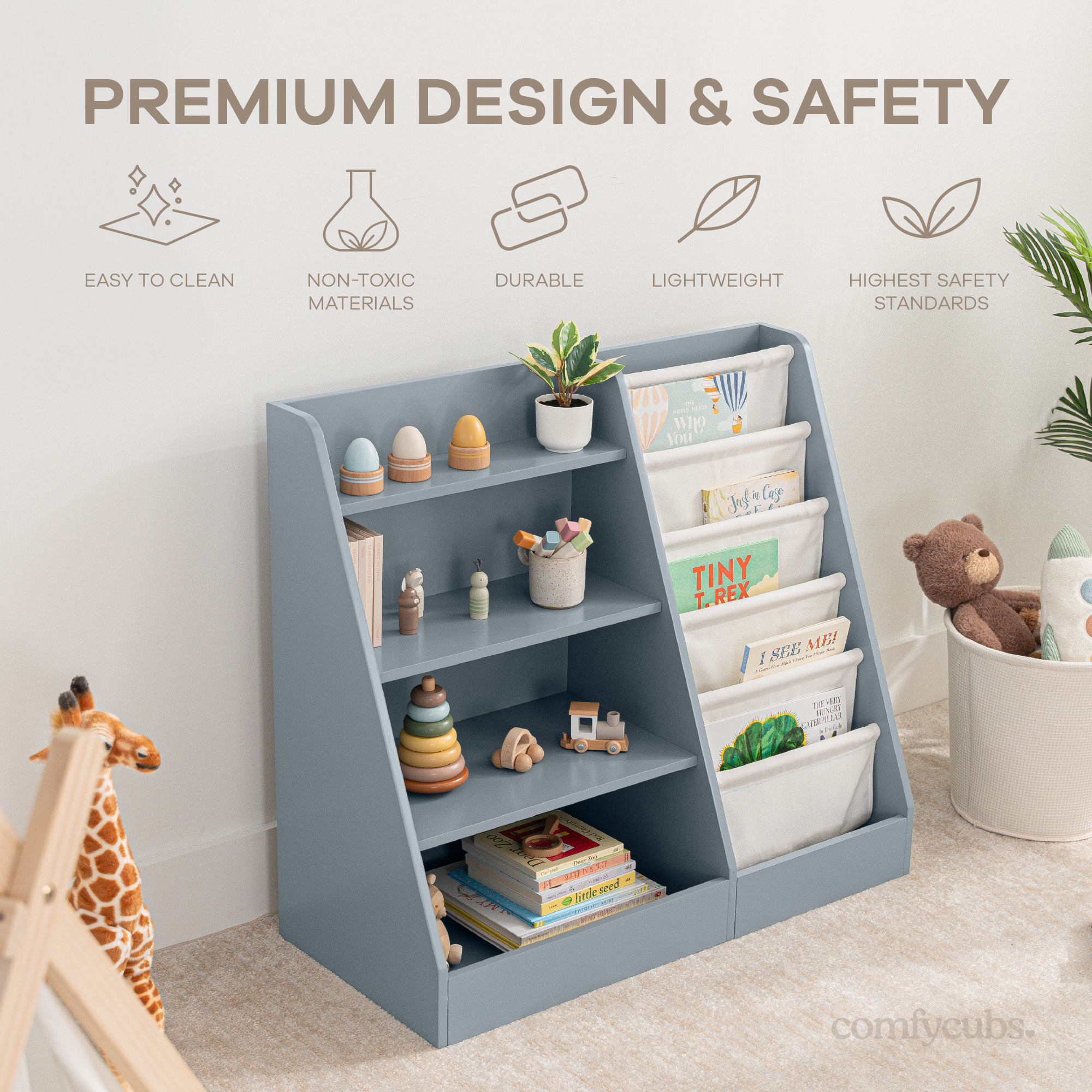 Blue Montessori bookshelf with books displayed front-facing for easy child access