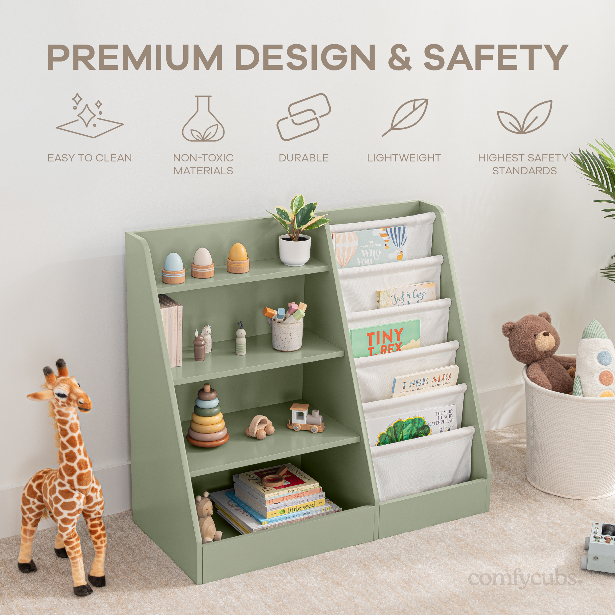 Sage Montessori bookshelf with books displayed front-facing for easy child access