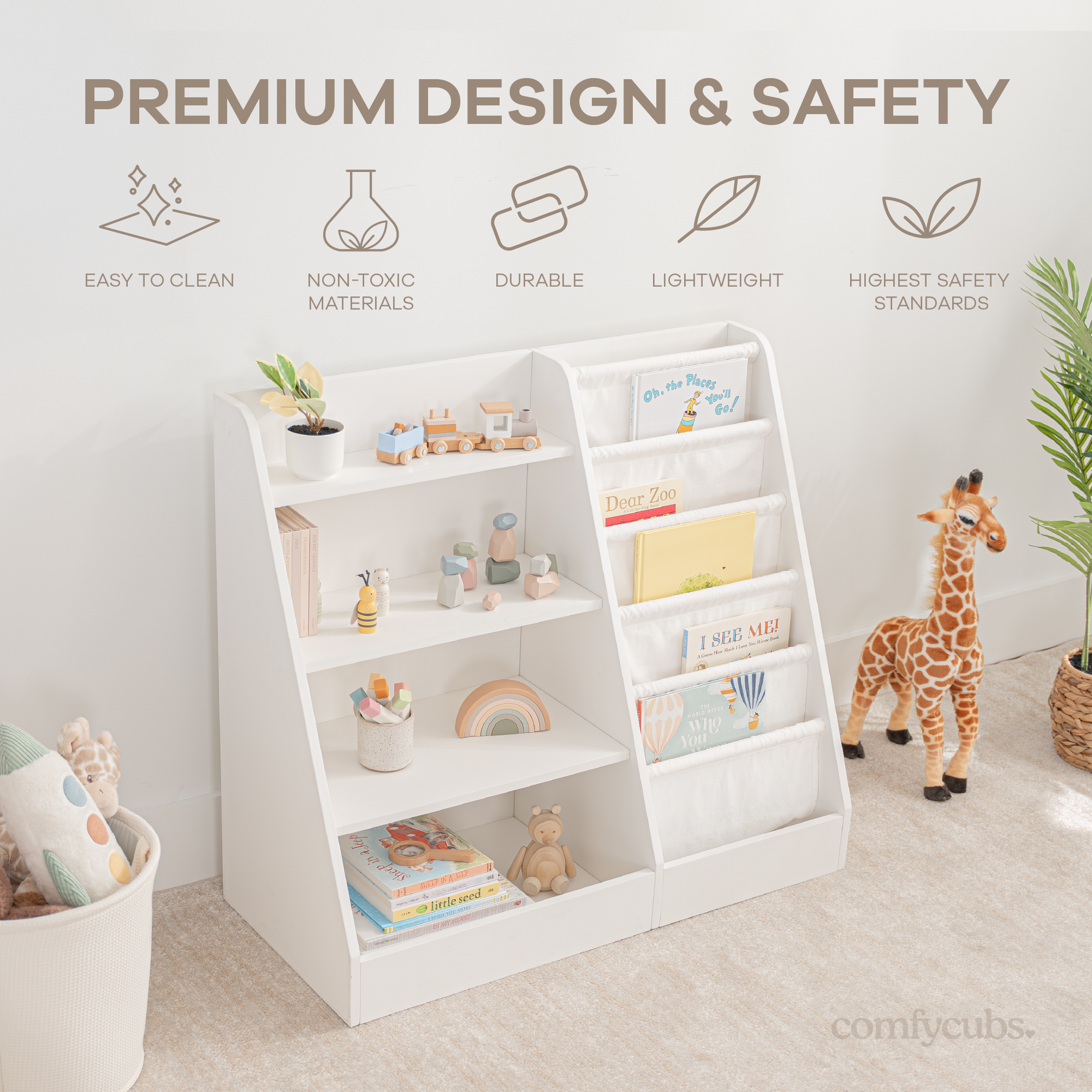 White Montessori bookshelf with books displayed front-facing for easy child access
