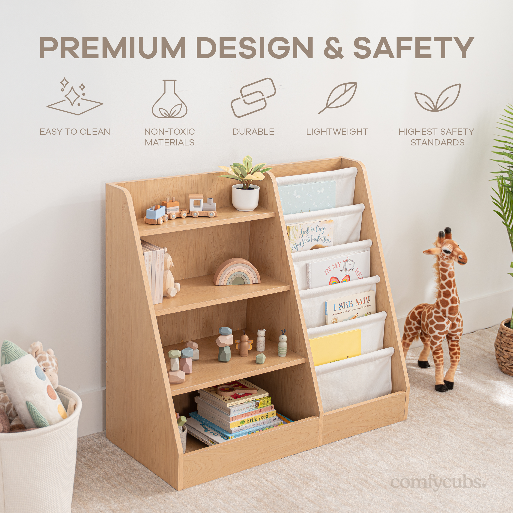 Natural wood Montessori bookshelf with books displayed front-facing for easy child access