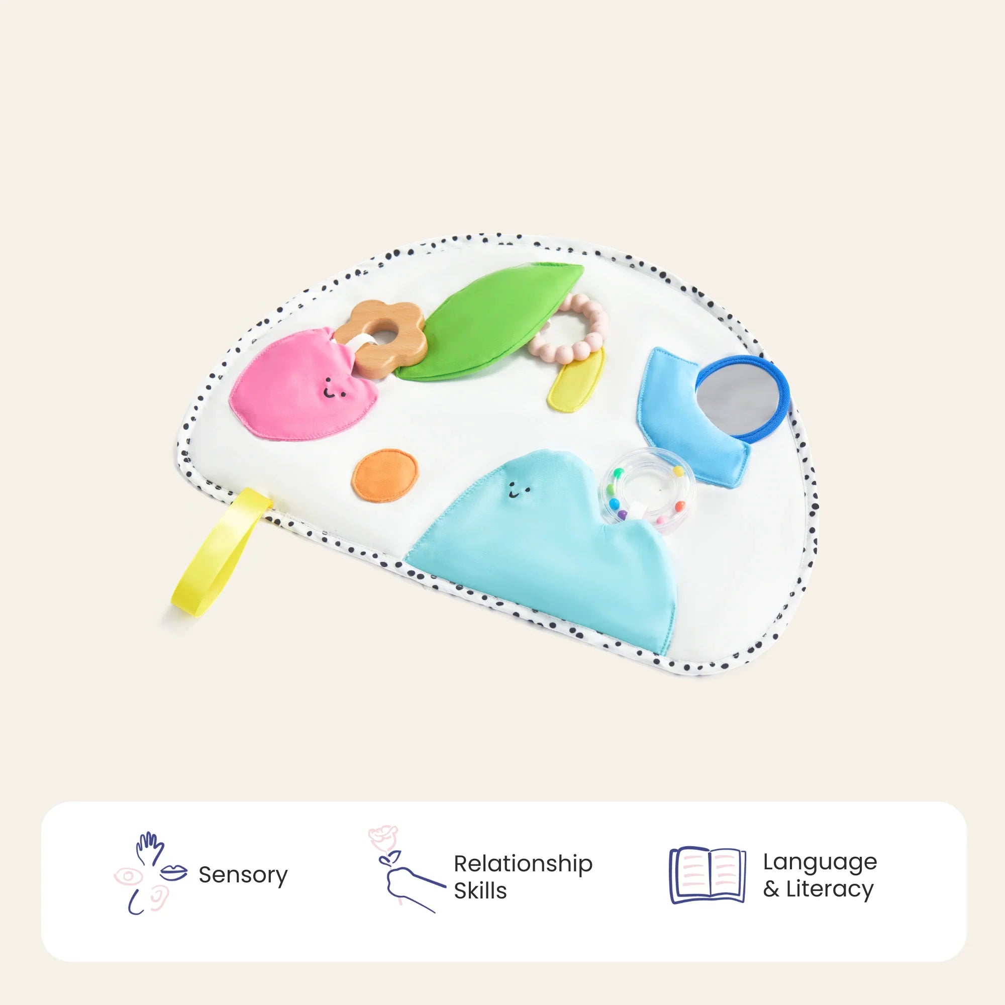 Montessori sensory set for 0 to 3 months showing soft fabric crib spiral and activity playmat