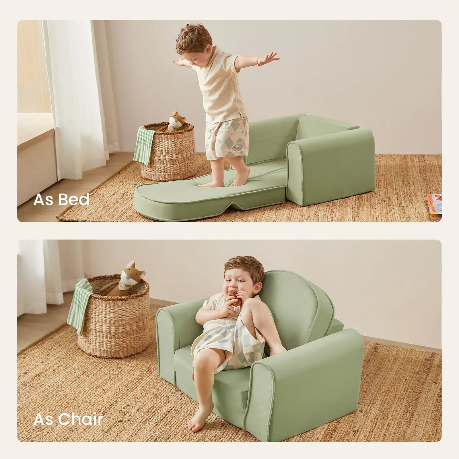 Children playing on a green kids' bed and chair in a room with a basket and toys.