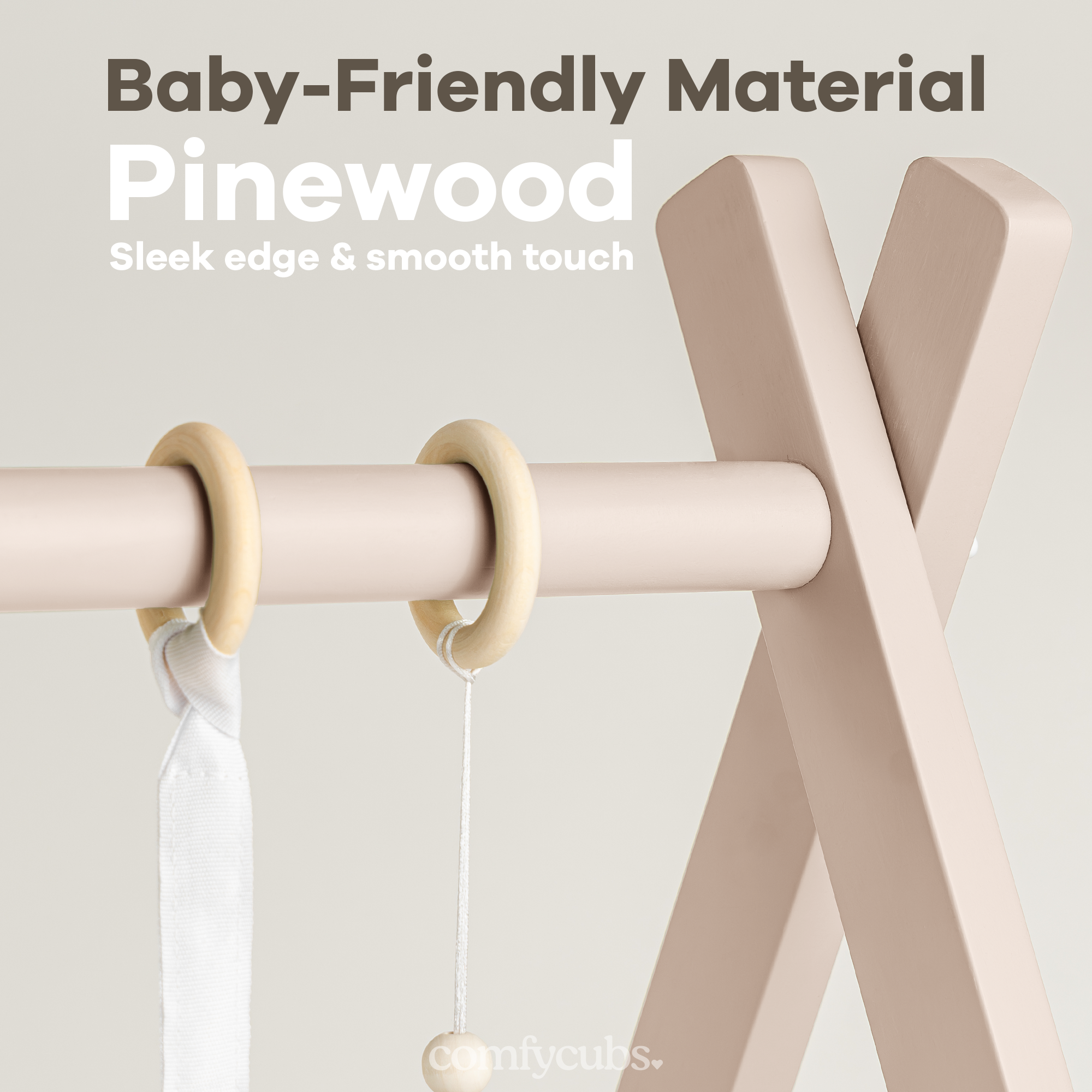 Baby gate with text about pinewood material on a light gray background
