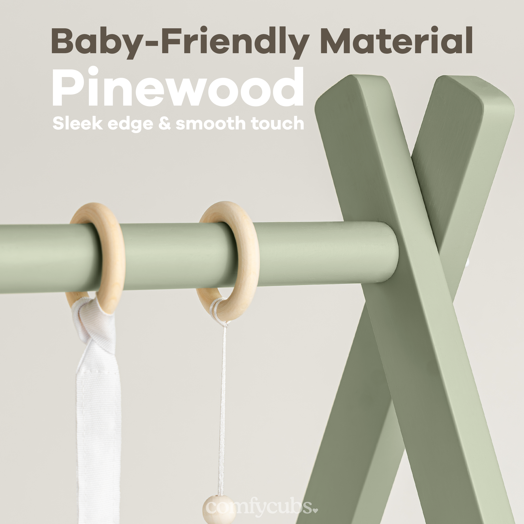 Light green baby gate with wooden handle on a white background, featuring text about baby-friendly material and design.