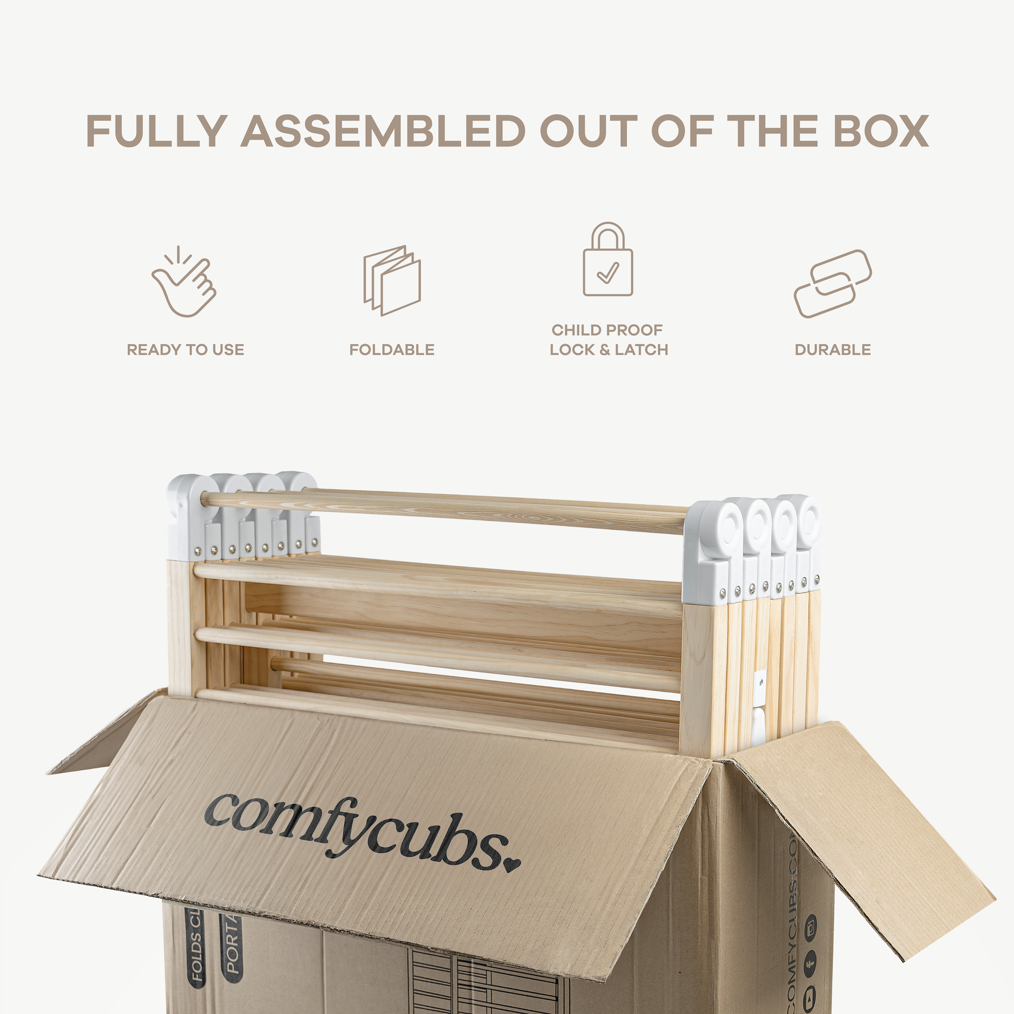 Infographic showing how natural wood baby playpen folds flat