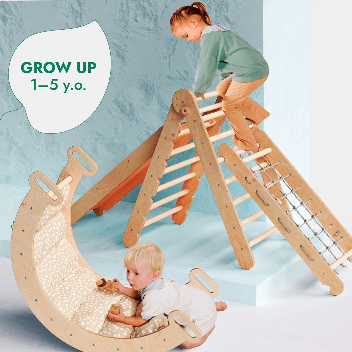 Montessori climbing frame set with children using each piece