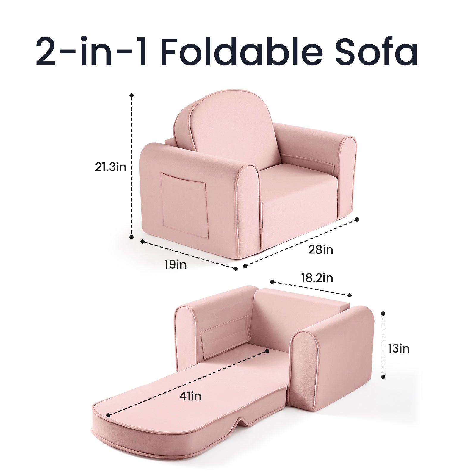 2-in-1 foldable sofa with dimensions on a white background