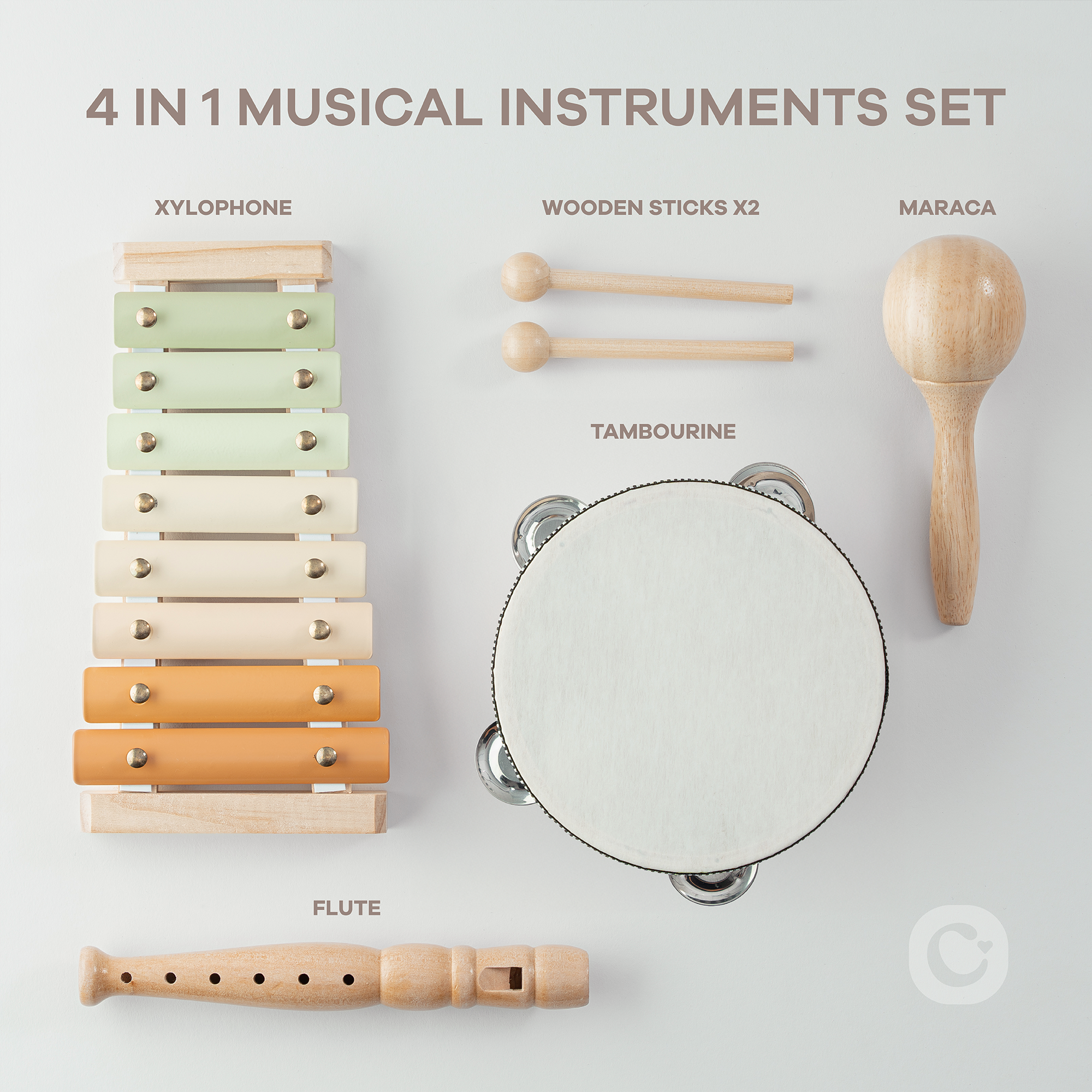 Set of 4-in-1 musical instruments including xylophone, wooden sticks, tambourine, and maraca on a light gray background.
