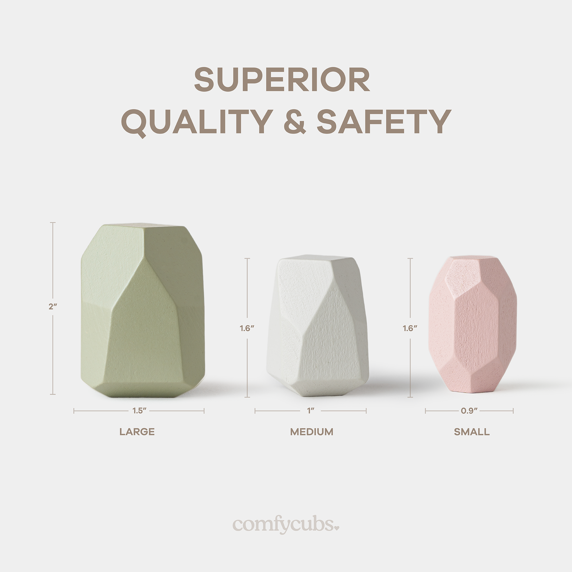 Three geometrically shaped objects in green, white, and pink with measurements and 'comfyCubs' branding.