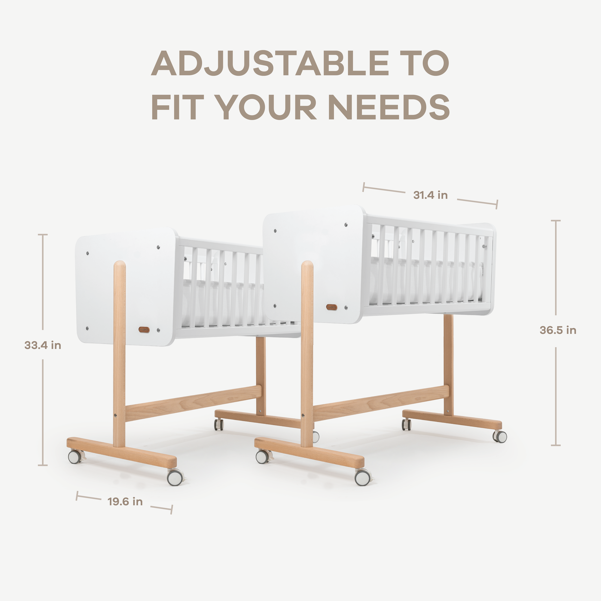 Adjustable crib with dimensions on a white background