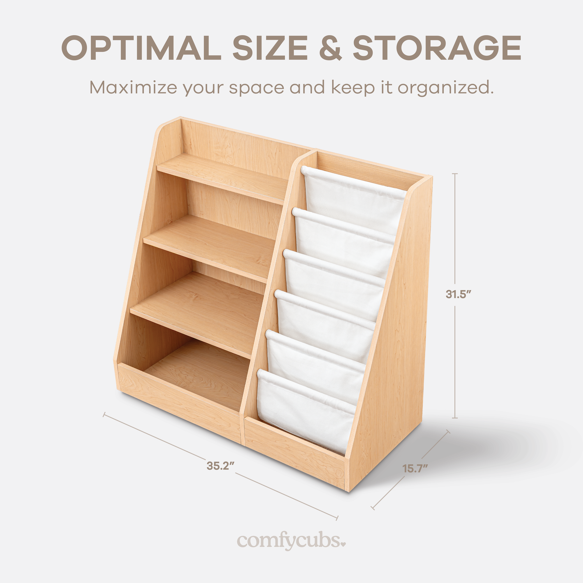Infographic showing features of natural wood Montessori kids bookshelf including dimensions and materials