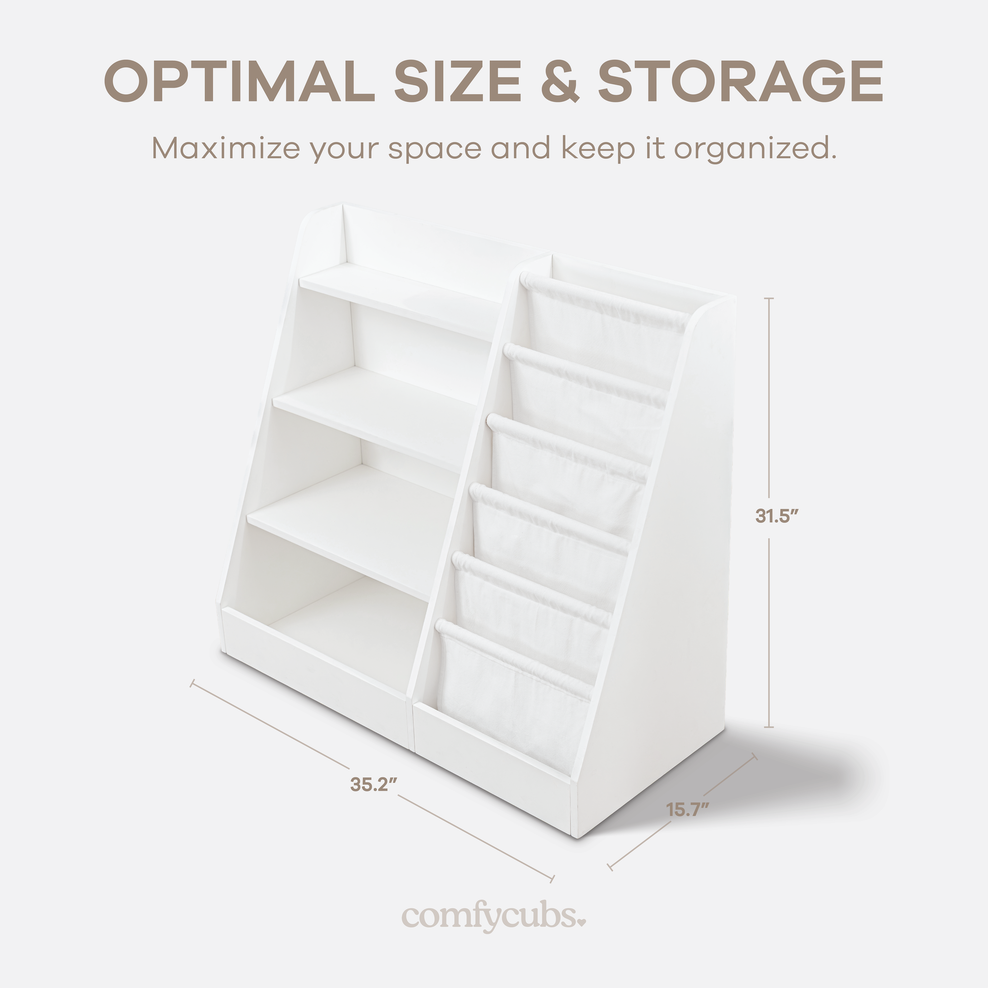 Infographic showing features of white Montessori kids bookshelf including dimensions and material details