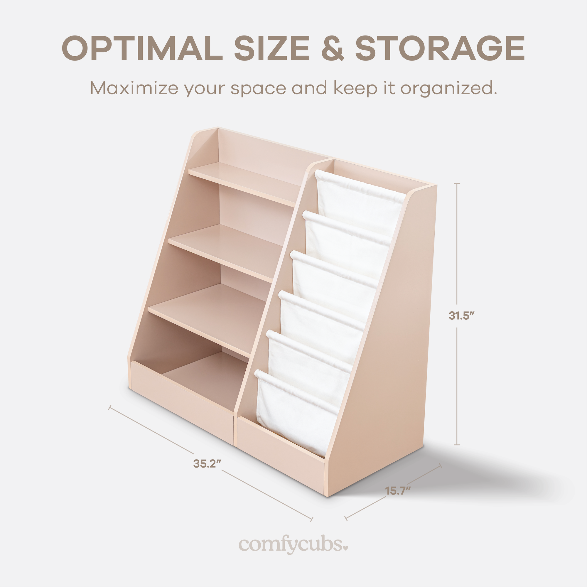Infographic showing features of blush Montessori kids bookshelf including dimensions and materials
