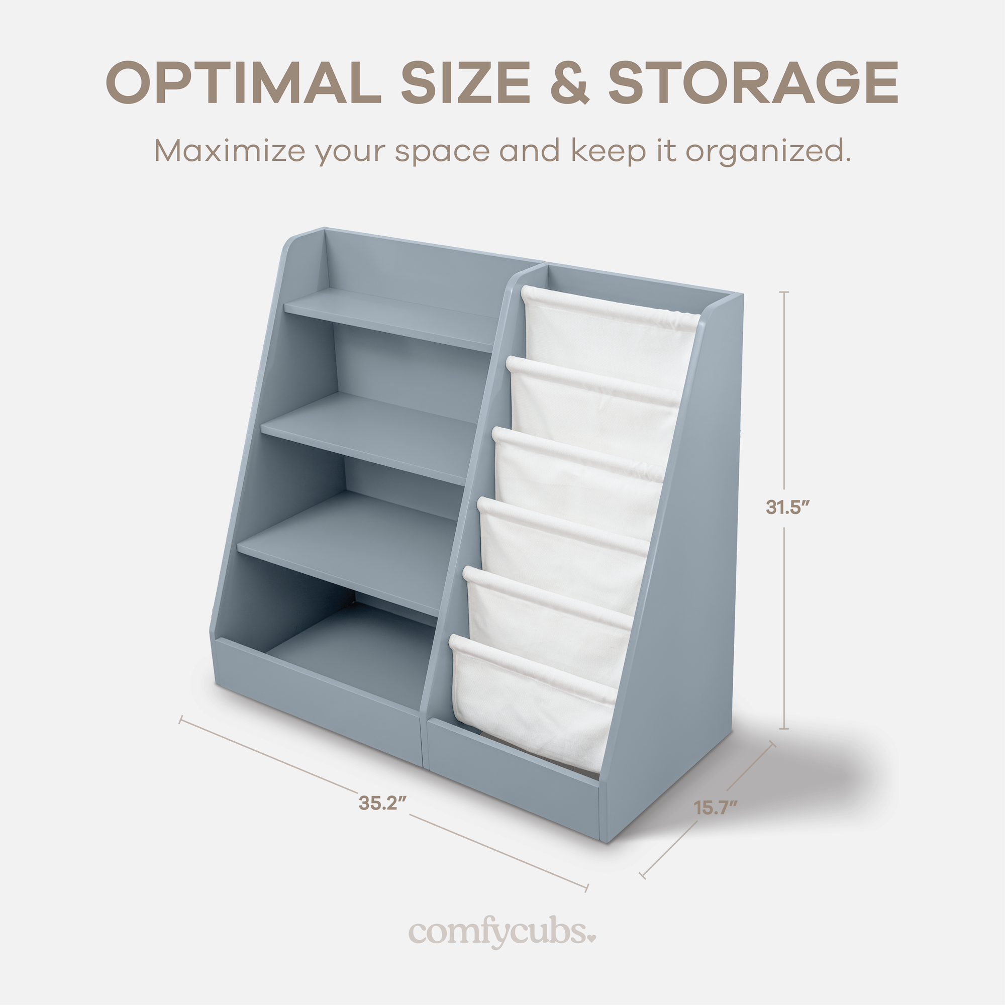 Infographic showing features of blue Montessori kids bookshelf including dimensions and materials