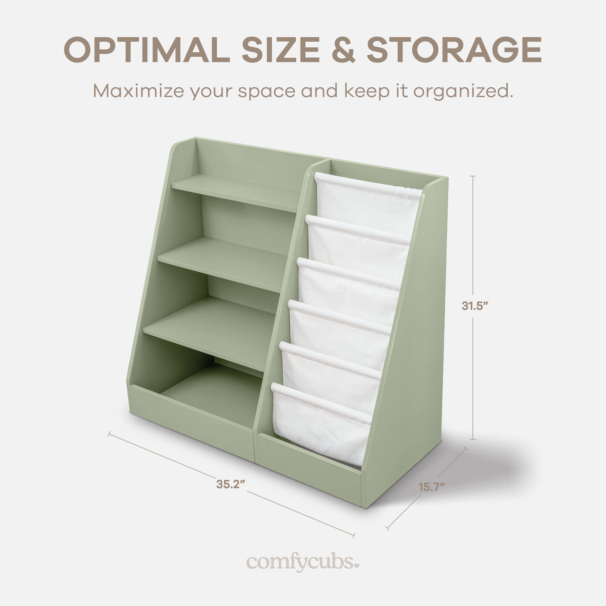 Infographic showing features of sage Montessori kids bookshelf including dimensions and materials