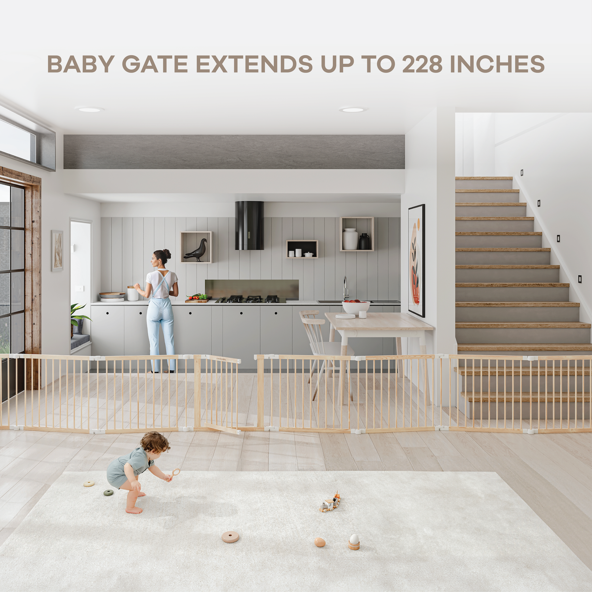 Natural wood playpen configured as an extended safety gate showing full 228-inch expansion