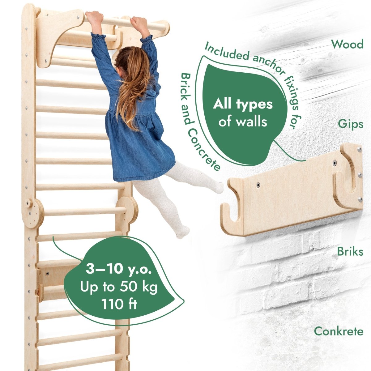 Children's wooden climbing wall with text on wall attachment methods and weight capacity.