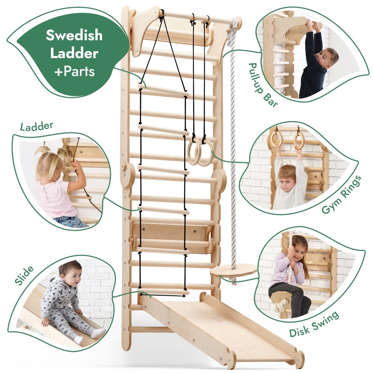 Wooden play structure with Swedish ladder, pull-up bar, rings, slide, and disk swing, featuring children using each component.