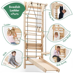 Wooden play structure with Swedish ladder, pull-up bar, rings, slide, and disk swing, featuring children using each component.