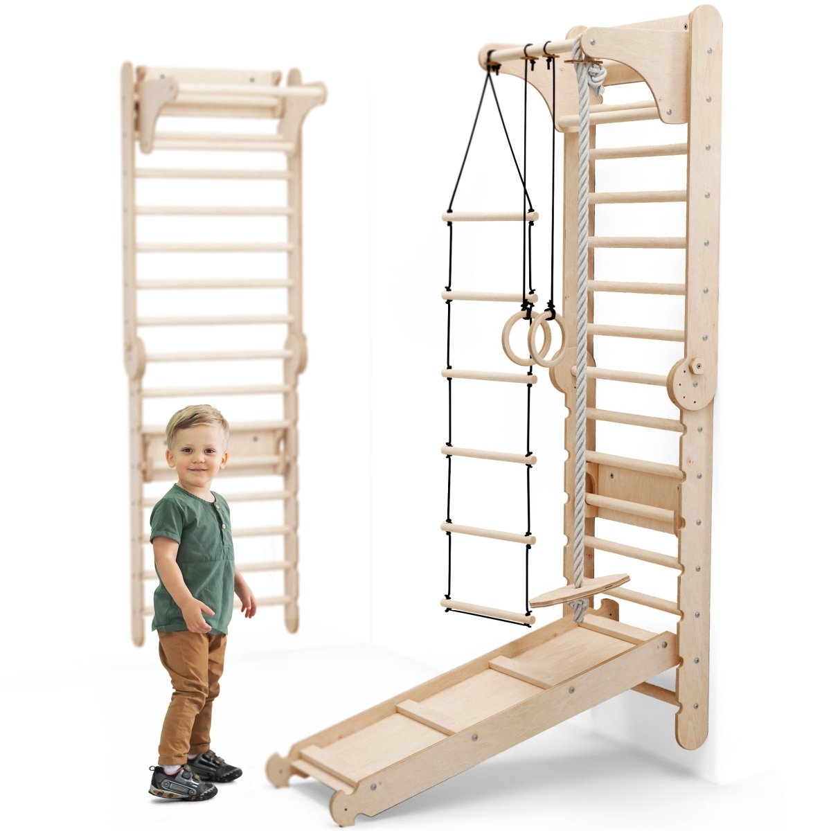 Children's wooden攀爬架 with a child standing next to it on a white background