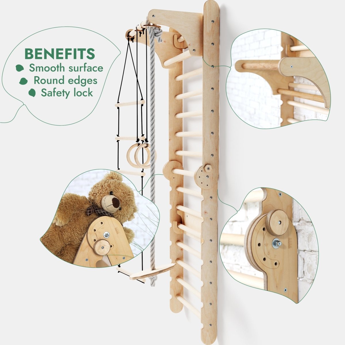 Wooden climbing toy with safety features and teddy bear illustration on a white background