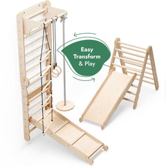 Wooden play structure with ladder, slide, and climbing elements on a white background