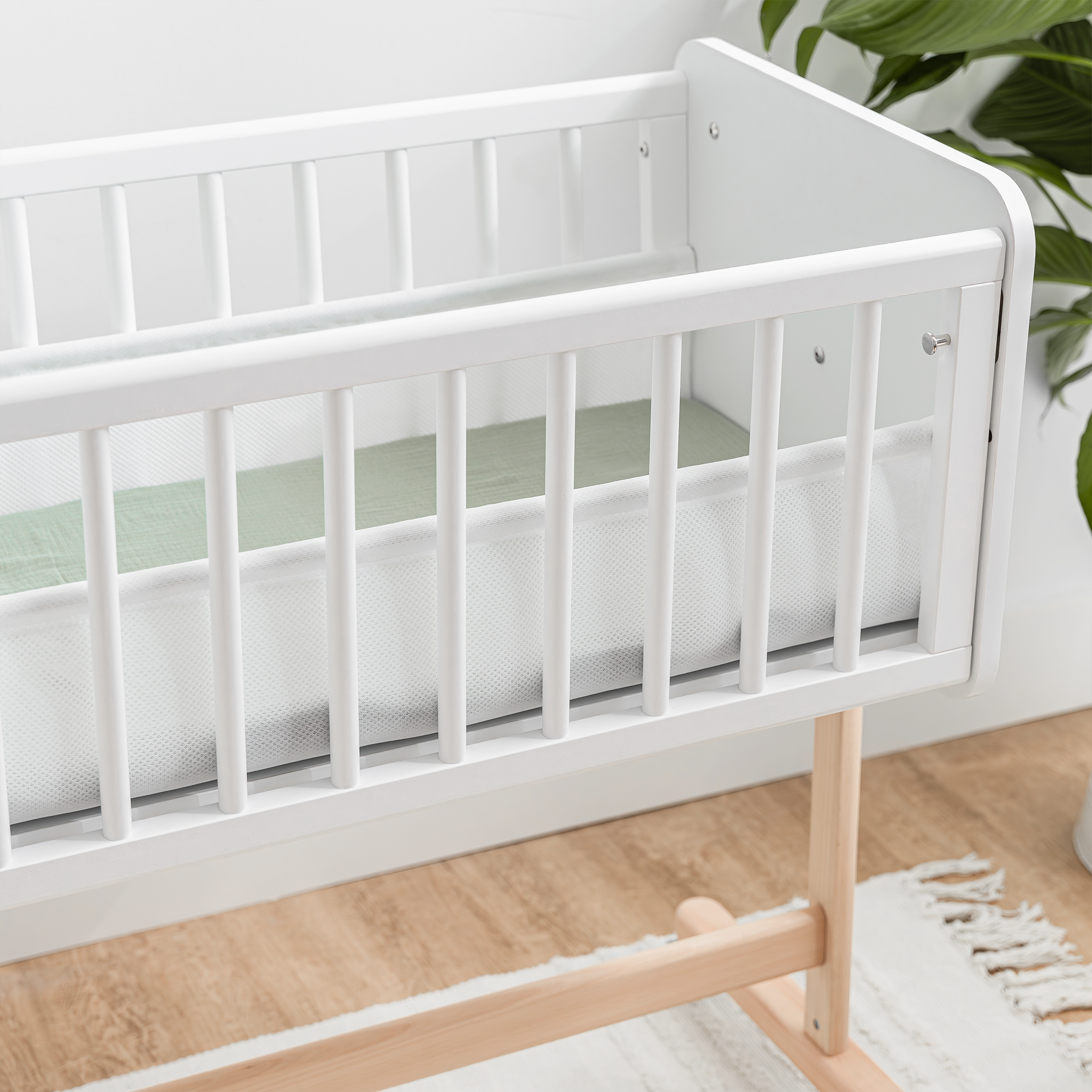 White crib with wooden legs in a room with plants and a rug.