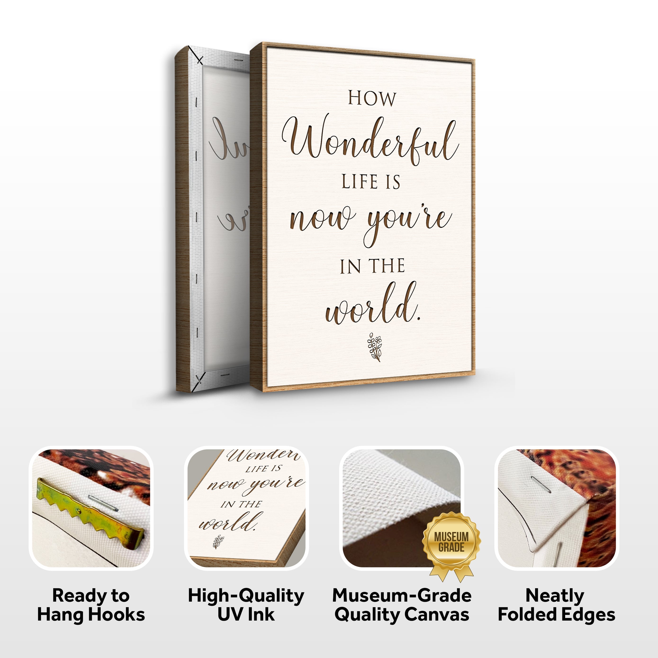 Decorative canvas print with text 'How Wonderful life is now you're in the world' on a white background, surrounded by product features.