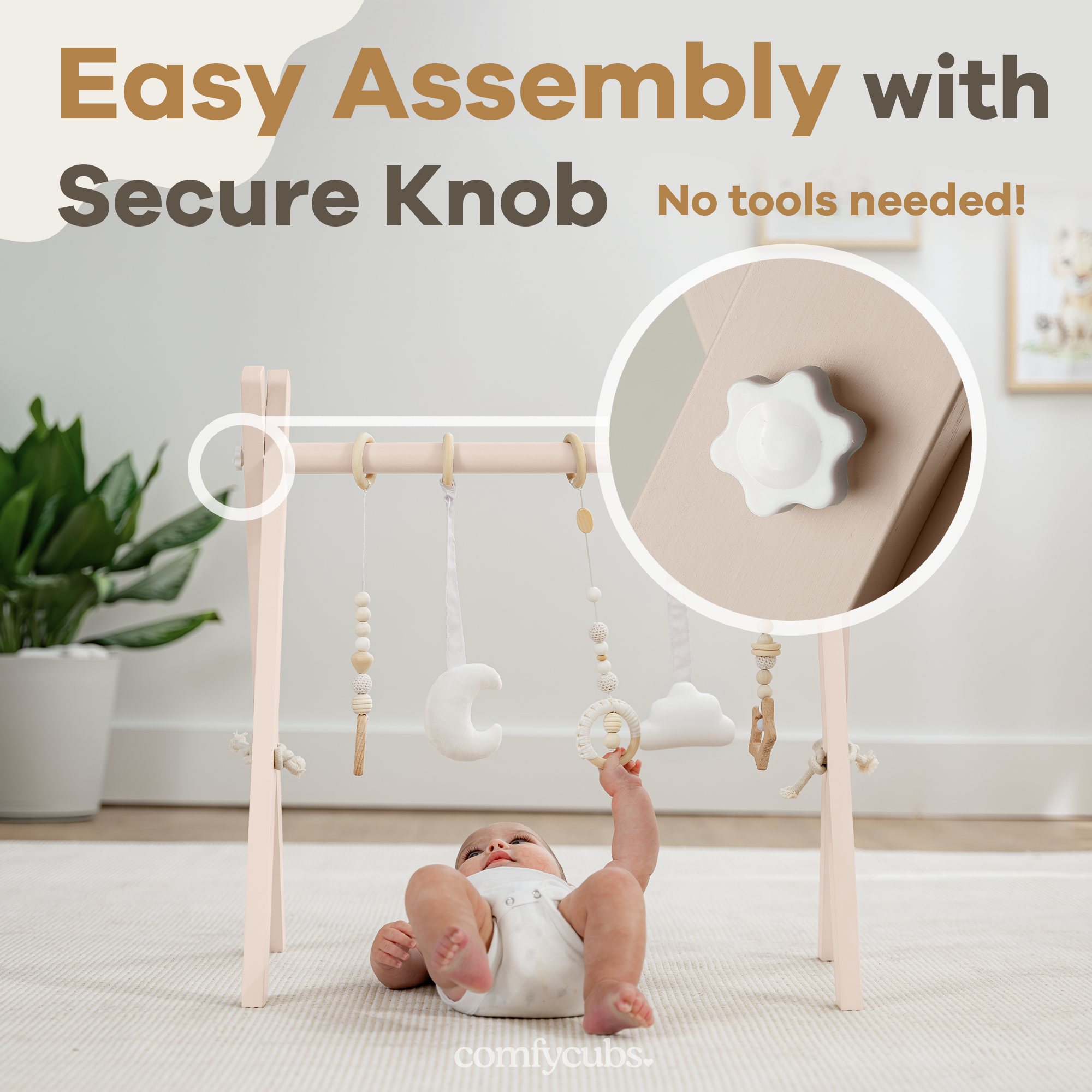 Baby lying on a rug next to a baby gym with a secure knob, indicating easy assembly without tools.