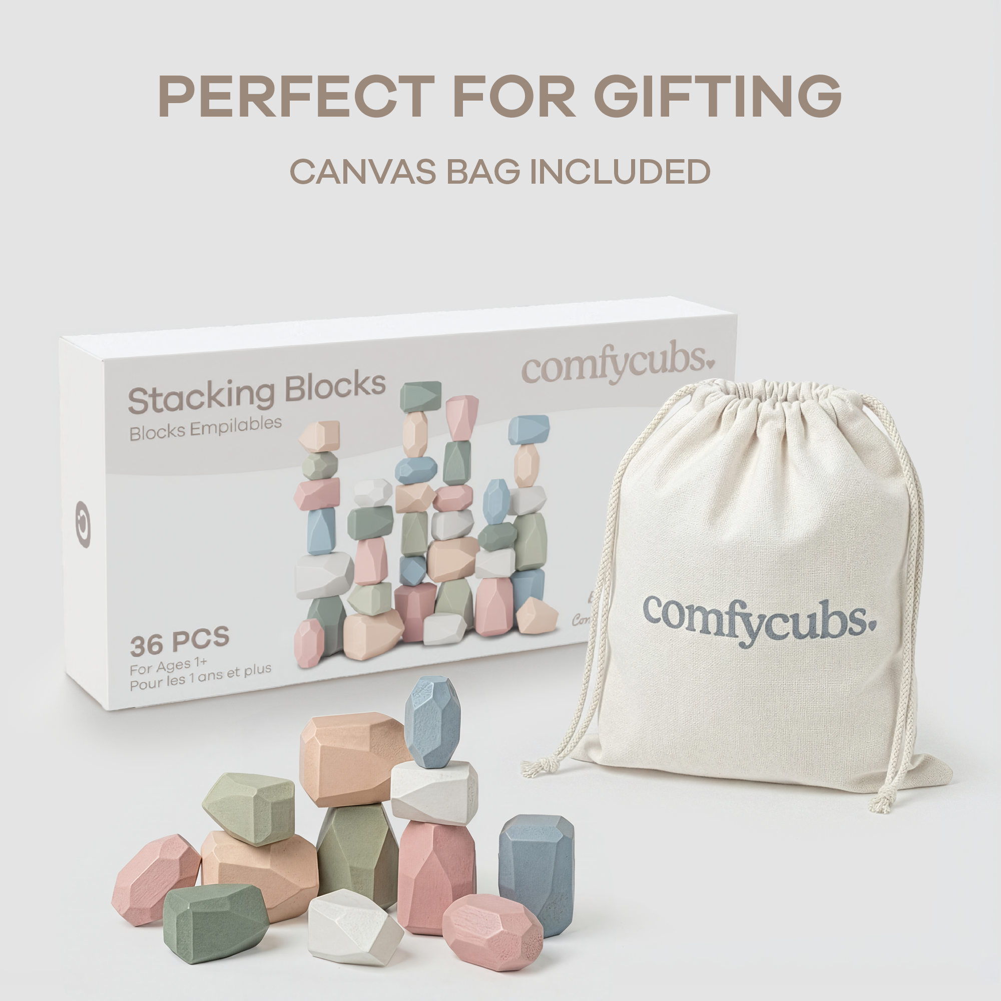 Stacking blocks with a canvas bag included, branded as comfycubs, on a light background.