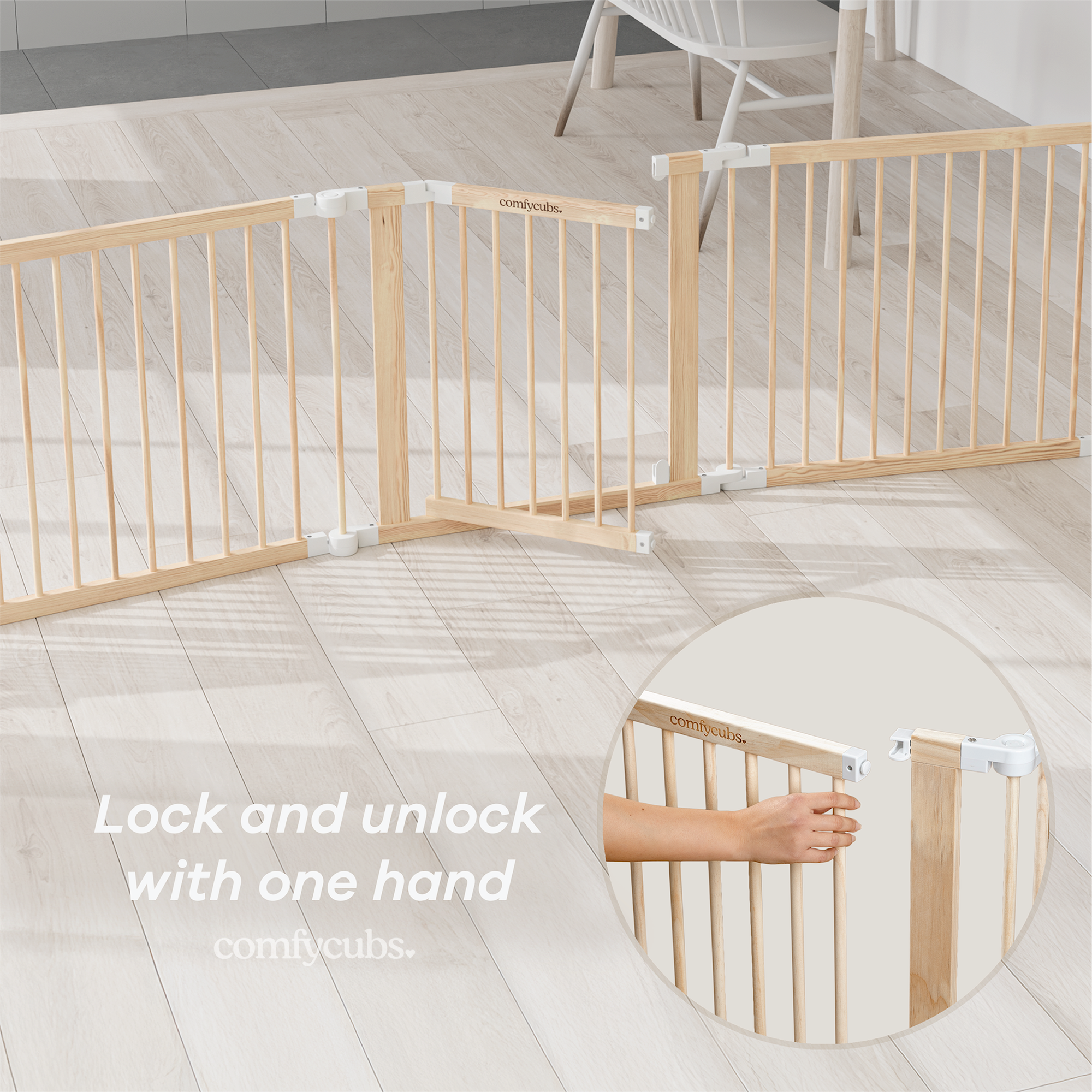 Close-up of child-proof latch door on natural pine wood baby and toddler playpen
