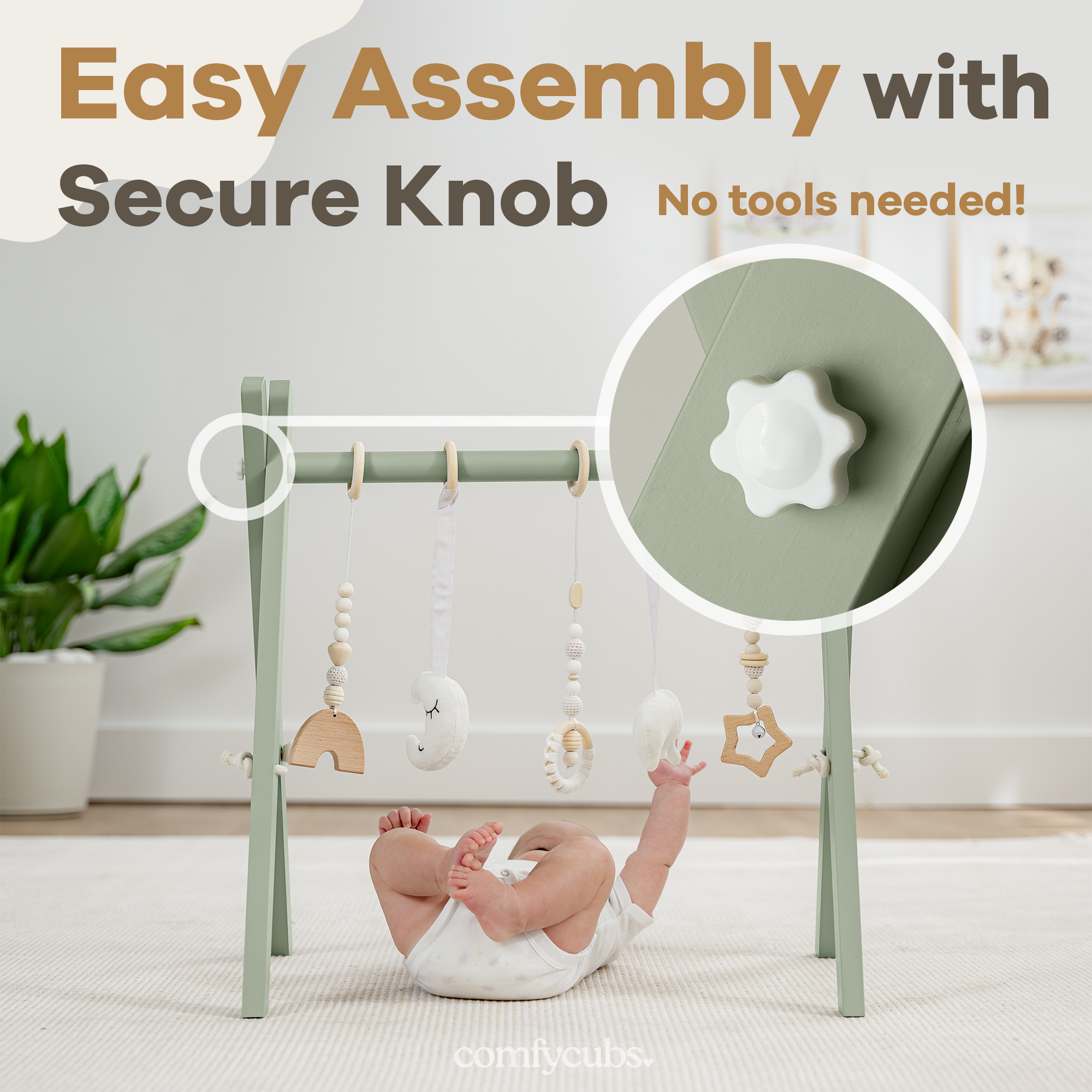 Baby play gym with hanging toys and a close-up of a secure knob, with text 'Easy Assembly with Secure Knob. No tools needed!'