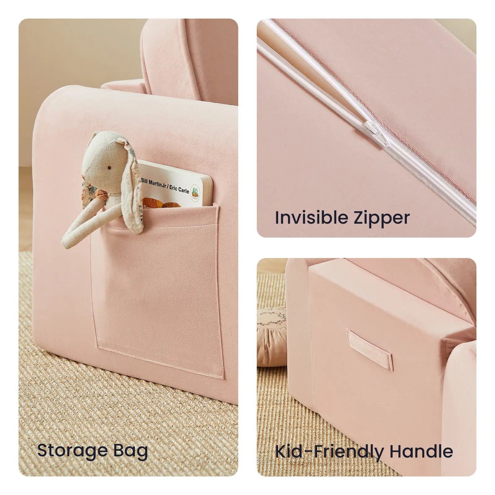 Collage of a pink storage bag with a stuffed animal, visible zipper, and kid-friendly handle.