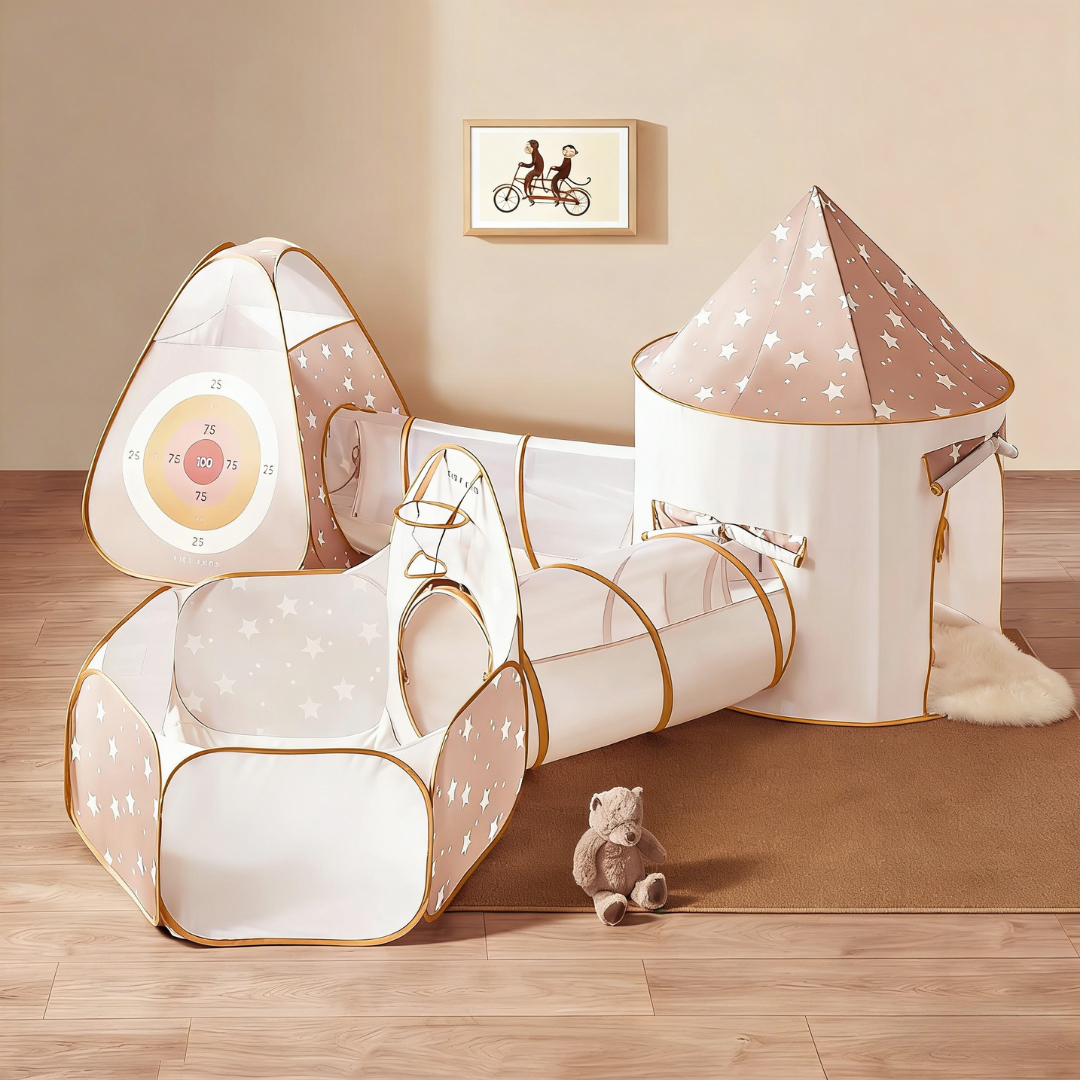 Tiny Land Discovery 5-in-1 kids play tunnel fully set up showing all sections and configurations