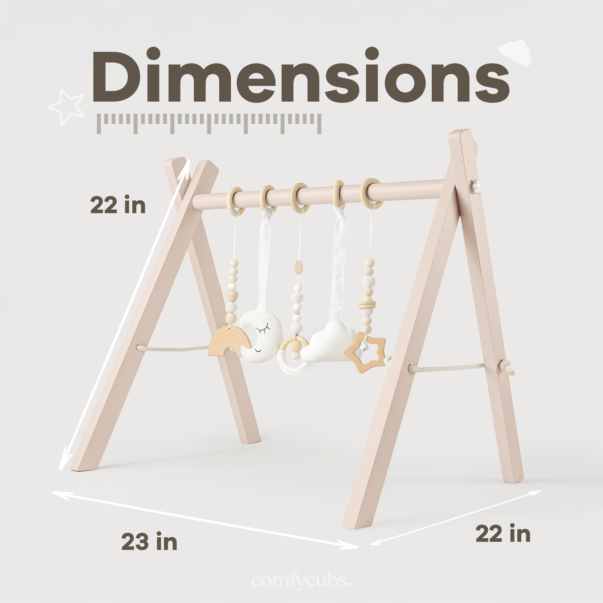 Wooden baby swing with dimensions labeled on a white background