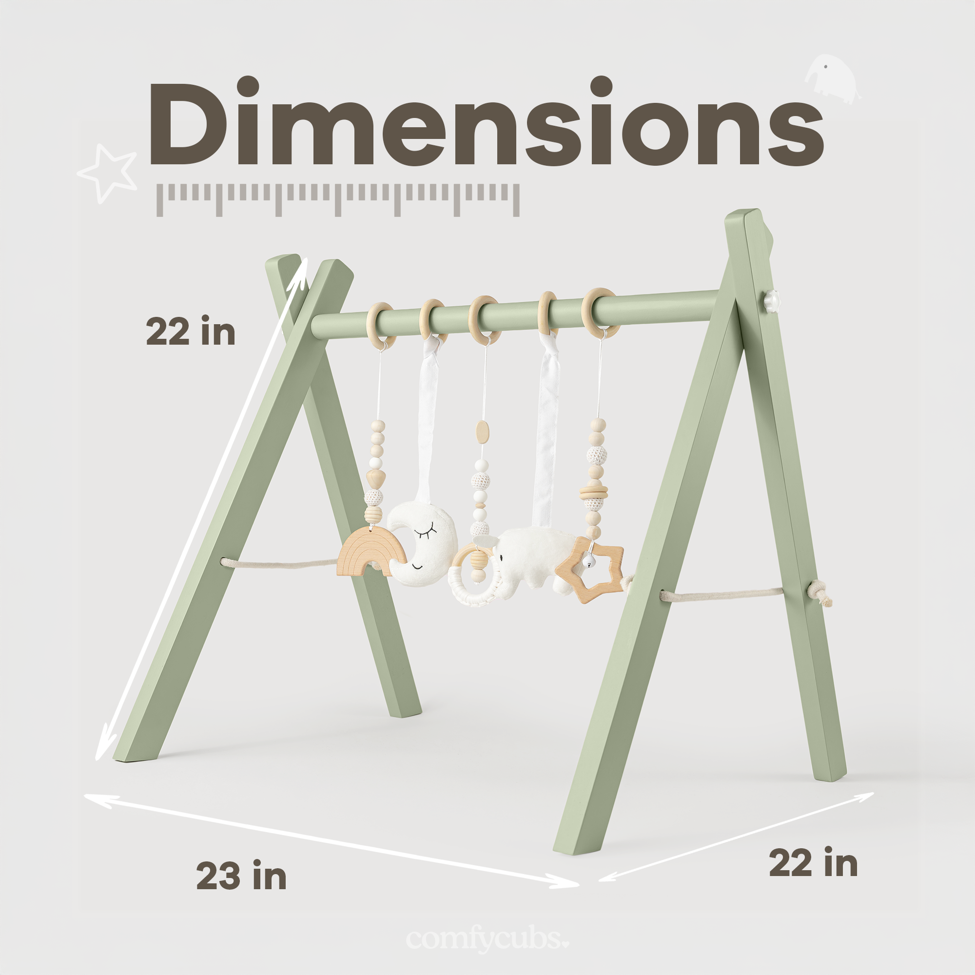 Dimensions of a green wooden baby swing with hanging toys on a white background