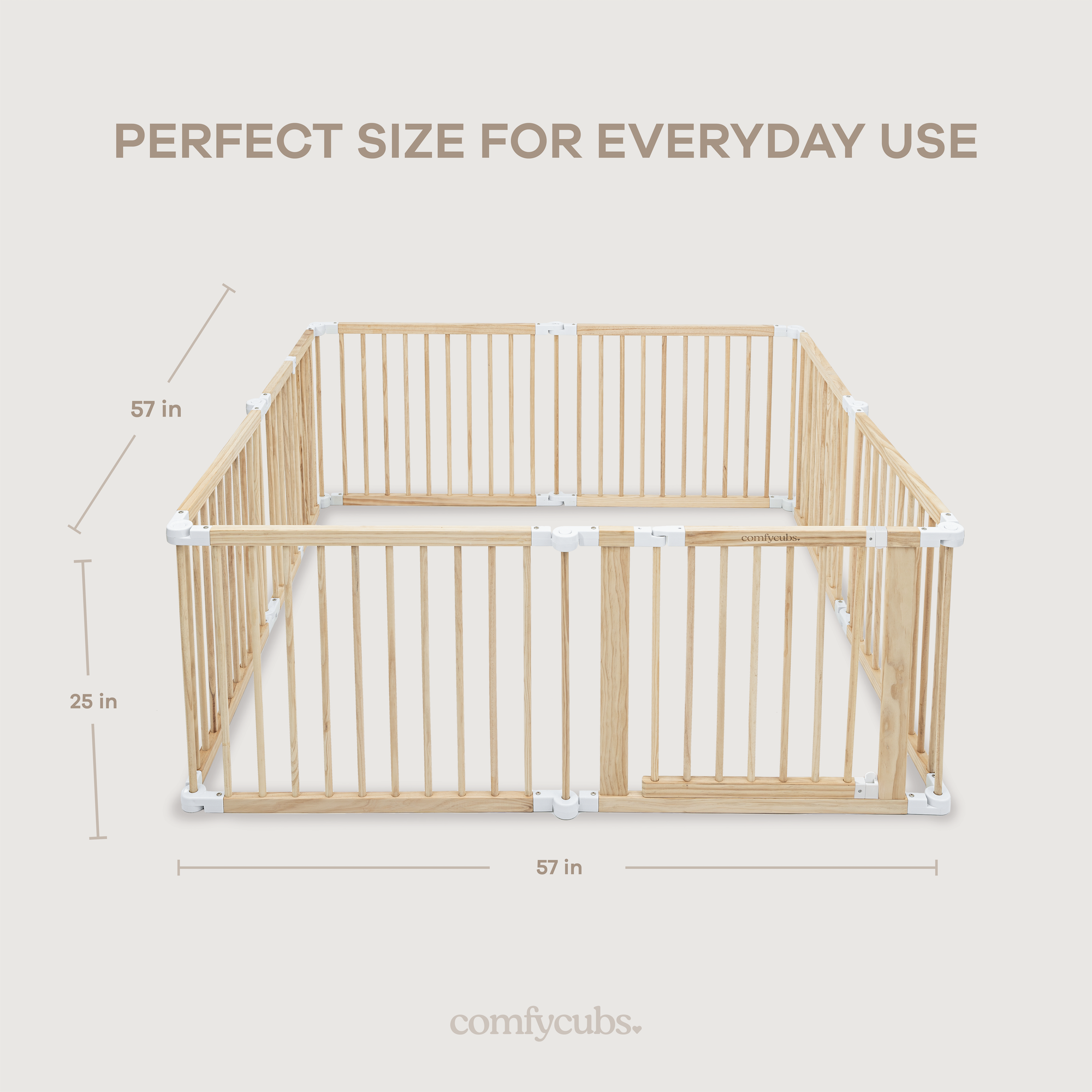 Dimension diagram for natural wood baby and toddler playpen showing panel width and height