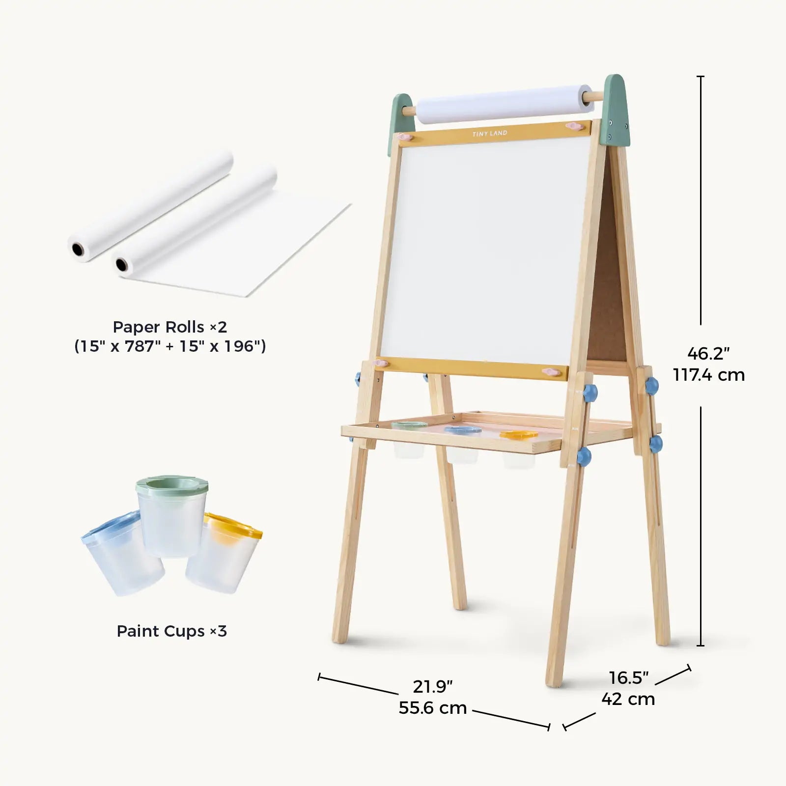 Dry-erase whiteboard side of Tiny Land adjustable height wooden art easel with measurements