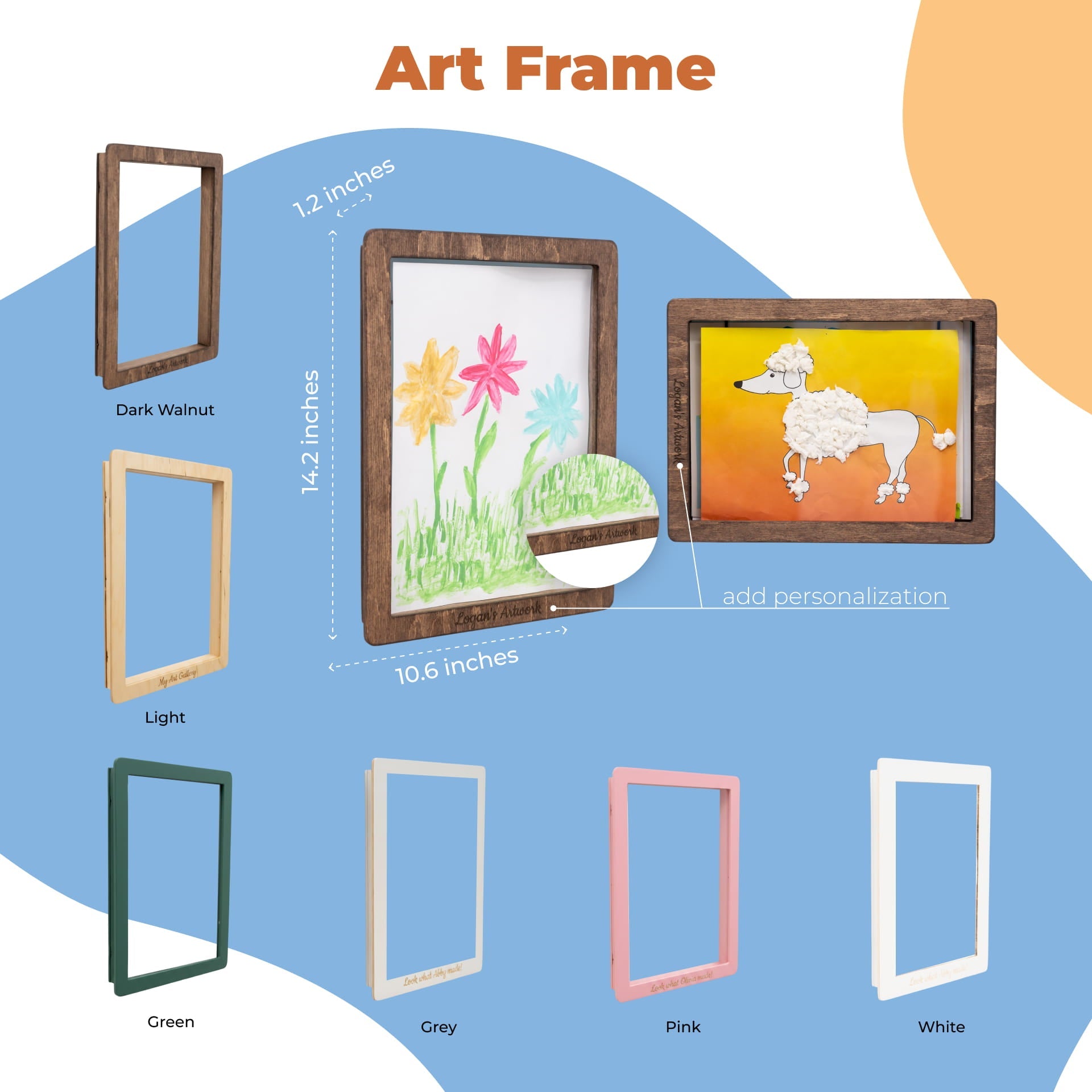 Art frames in various colors with dimensions and sample artwork on a blue and orange background.