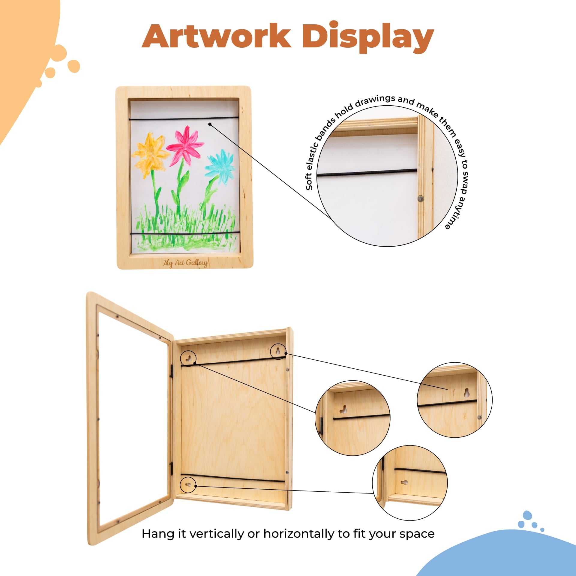 Wooden artwork display with a child's drawing of flowers, showing how to use it.