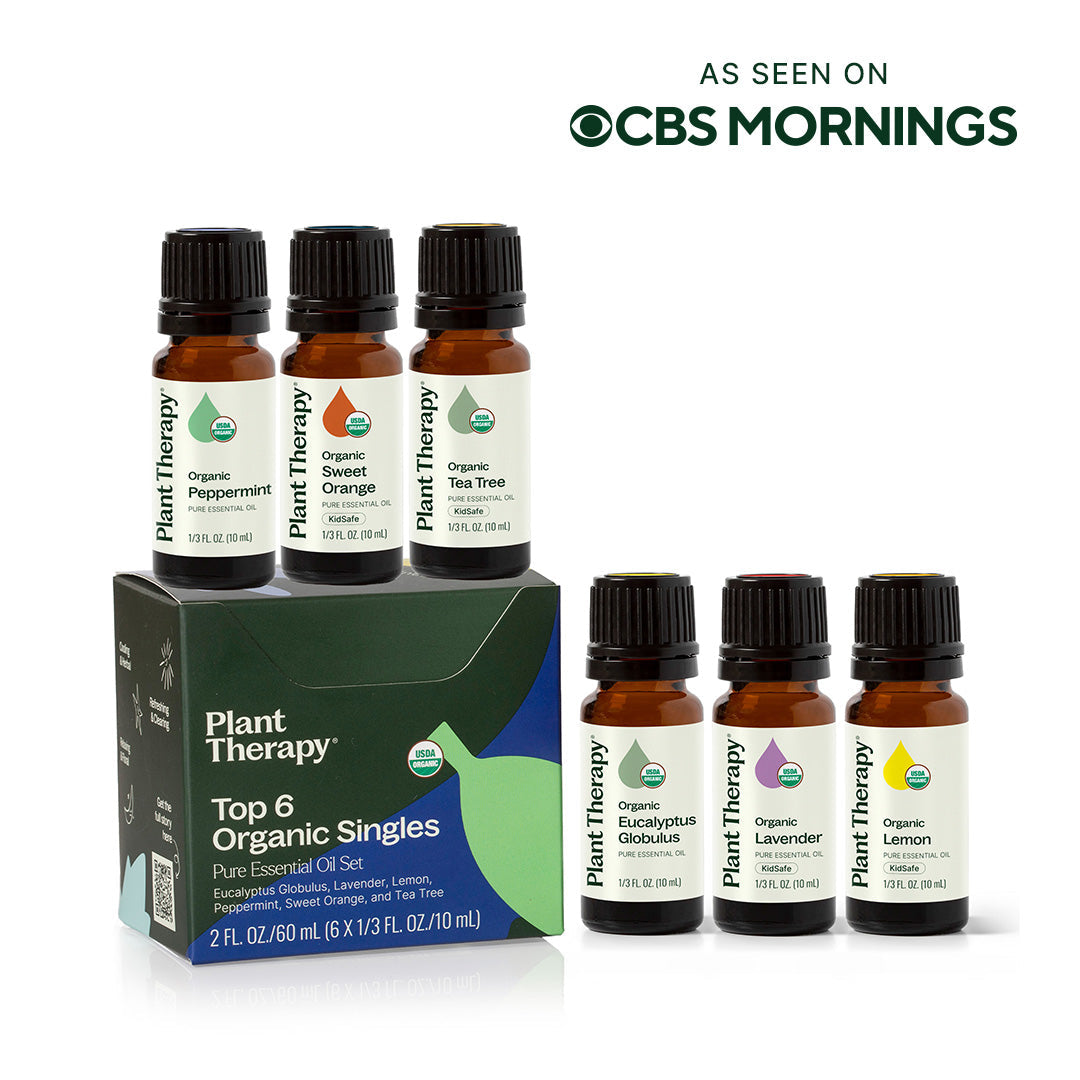 Set of Plant Therapy essential oil bottles and packaging on a white background with 'CBS Mornings' branding.
