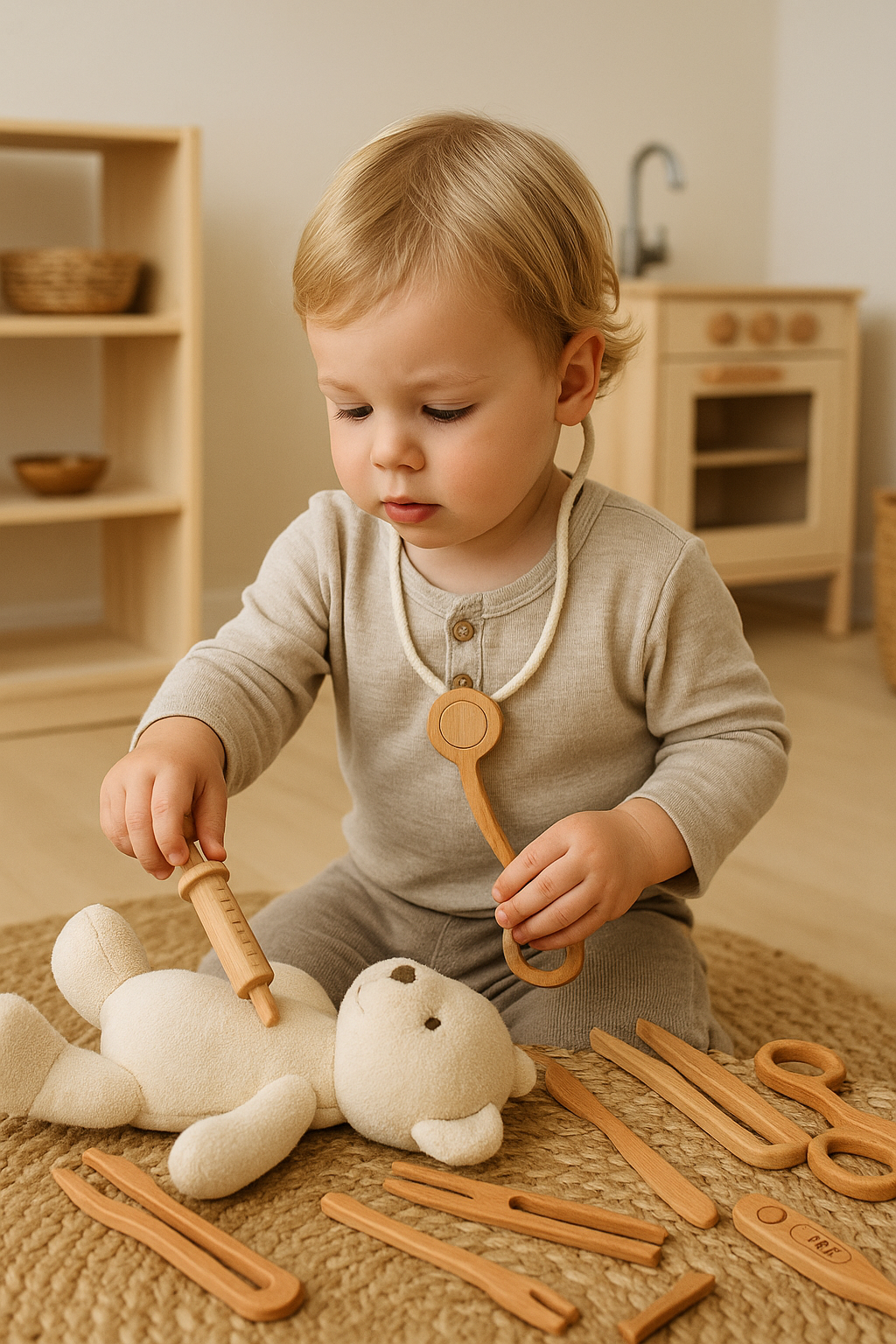 Small child playing with wooden doctor tools and stuffed animal