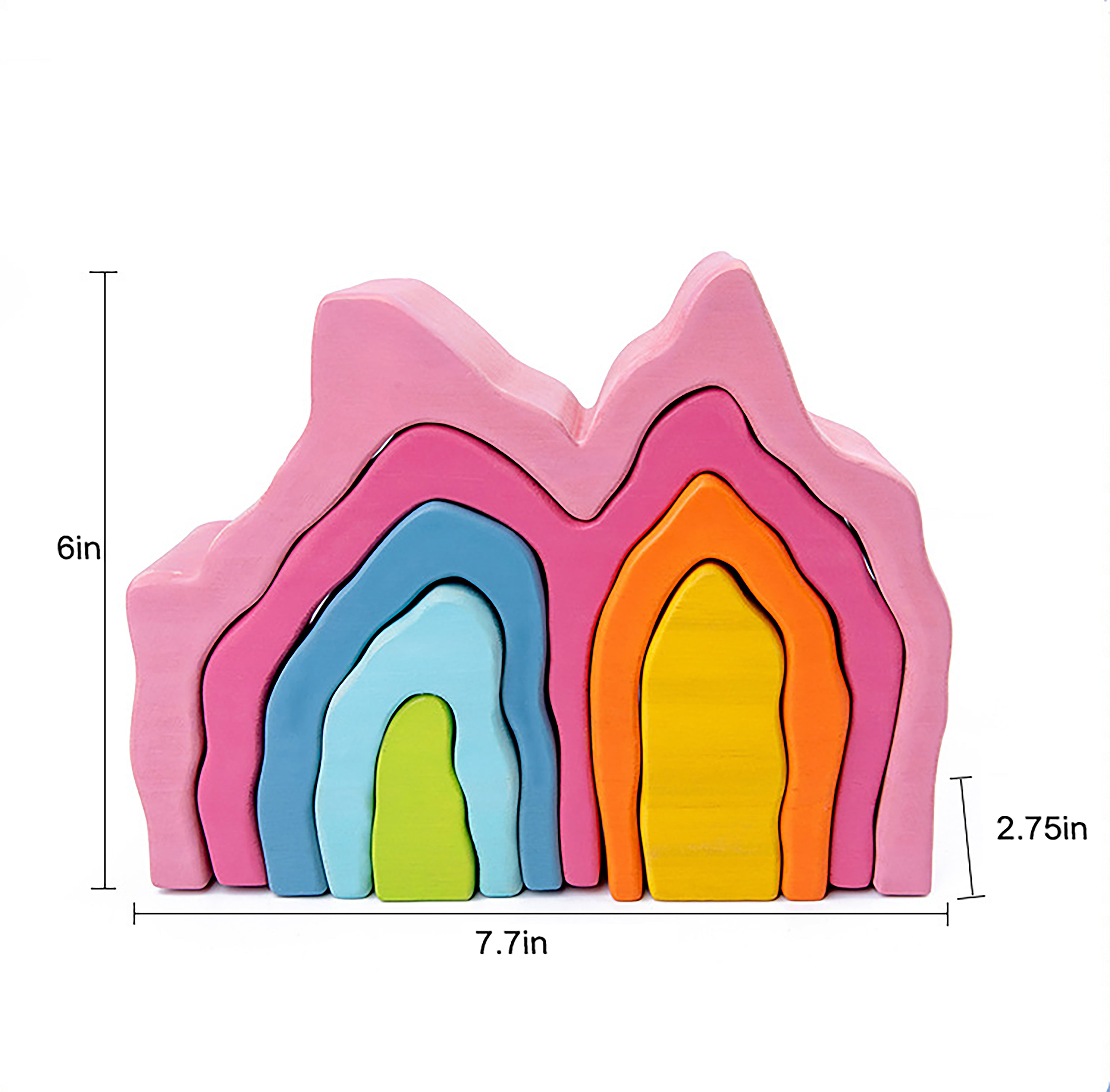 Set of colorful wooden toy blocks with measurements on a white background